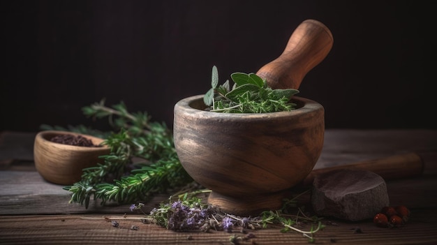 Un mortaio e un pestello con erbe e fiori su un tavolo di legno.