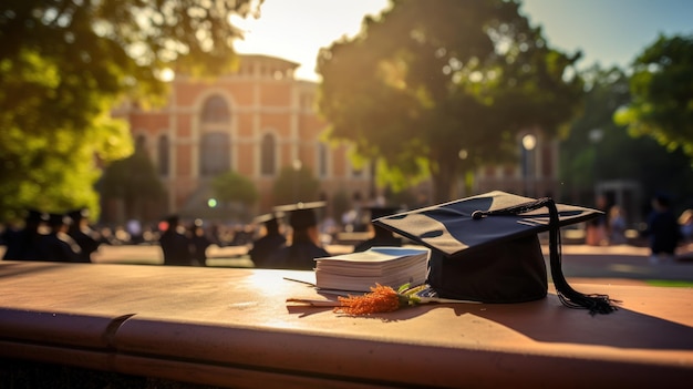 Un mortaio e un rotolo di laurea sopra i libri sul prato dell'università