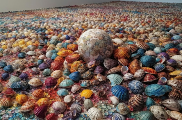 Un mosaico di conchiglie è esposto su una spiaggia.