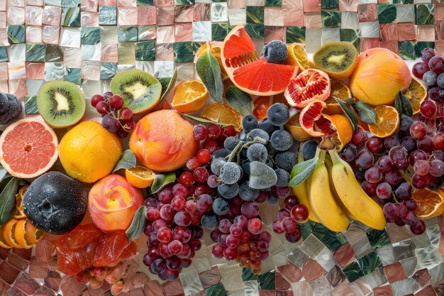 un mosaico di frutta con ghiaccio e piastrelle