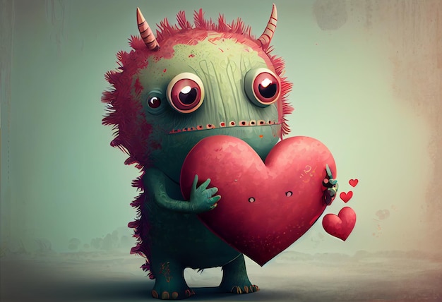 Un mostro che tiene in mano un cuore con su scritto "amore".