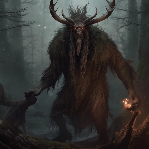 Un mostro con corna e corna si trova in una foresta oscura.