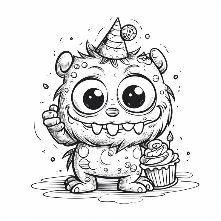 Foto un mostro dei cartoni animati con un cappello da compleanno e un'intelligenza artificiale per cupcake
