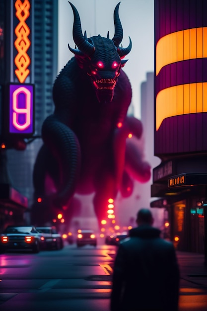 Un mostro gigante si trova nel bel mezzo di una trafficata strada cittadina.