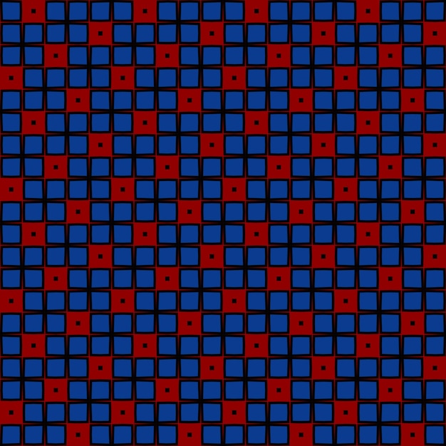 Un motivo a scacchi blu e rosso con quadrati.