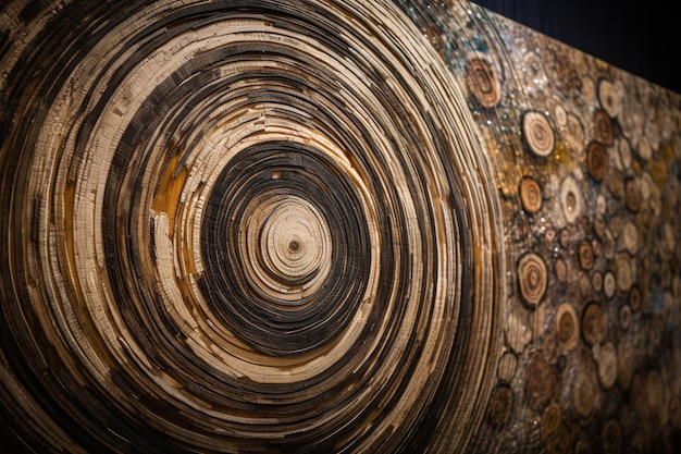 Un motivo circolare su una parete è realizzato in legno e ha un disegno a spirale.