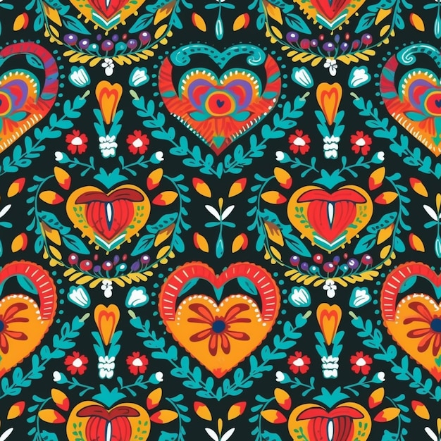 Un motivo colorato di cuori e fiori su uno sfondo nero ai generativo