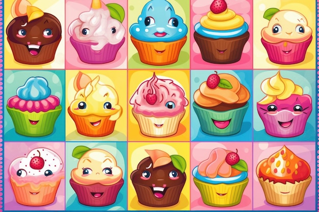 Un motivo colorato di cupcakes con facce diverse.