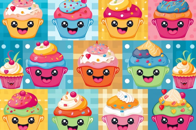 Un motivo colorato di cupcakes con la faccia del viso.
