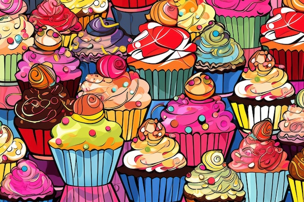 Un motivo colorato di cupcakes con sapori diversi.