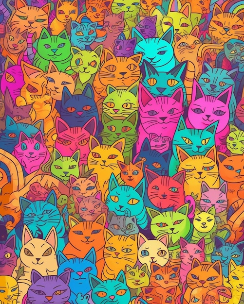 Un motivo colorato di gatti con colori diversi.