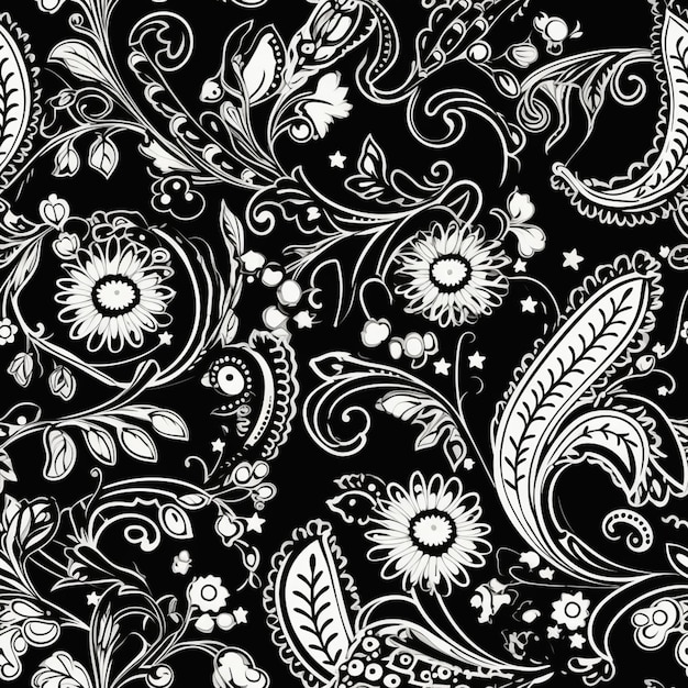 un motivo di paisley bianco e nero con fiori e foglie generative ai