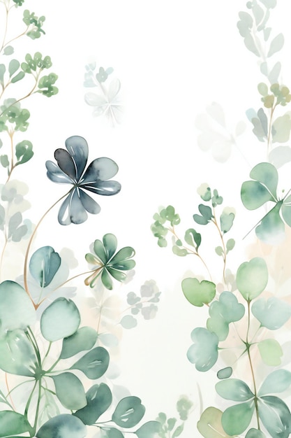 Un motivo floreale ad acquerello con foglie verdi e un trifoglio.