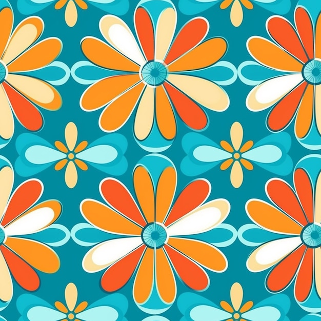 Un motivo floreale blu e arancione con un centro bianco generativo ai