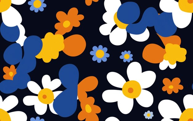 Un motivo floreale colorato con fiori arancioni, bianchi e blu.