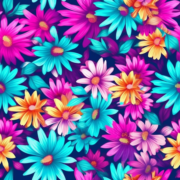 Un motivo floreale colorato con fiori rosa e blu.