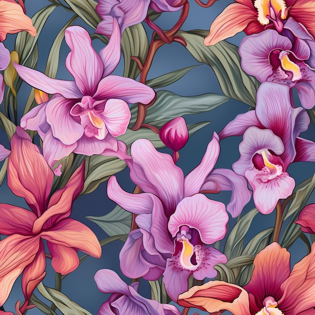 Un motivo floreale colorato con fiori viola e rosa.