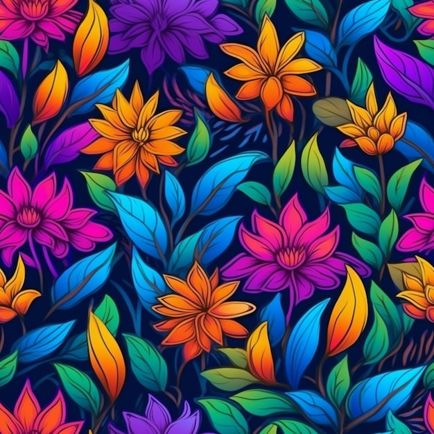 Un motivo floreale colorato con foglie e fiori su uno sfondo scuro ai generativo