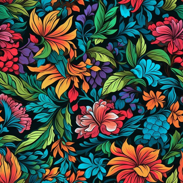 un motivo floreale colorato con molti colori diversi su uno sfondo nero ai generativo