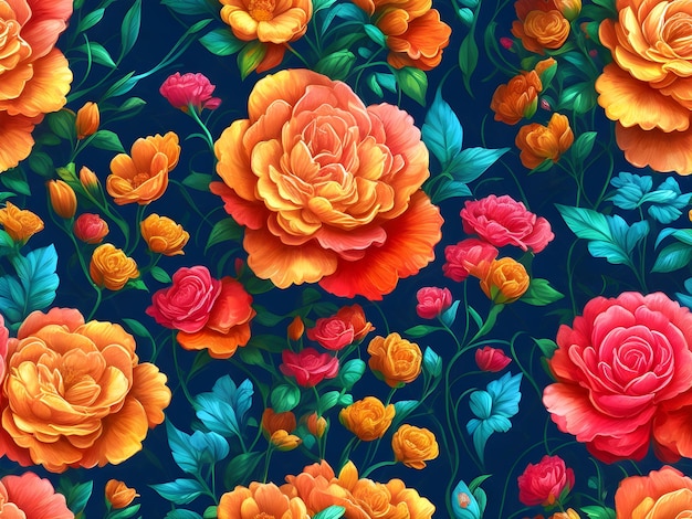 Un motivo floreale colorato con rose arancioni e rosse