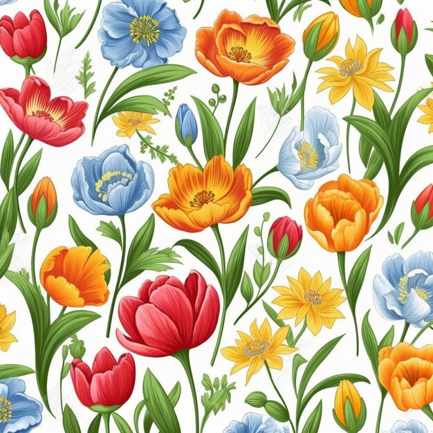 un motivo floreale colorato con tulipani e altri fiori ai