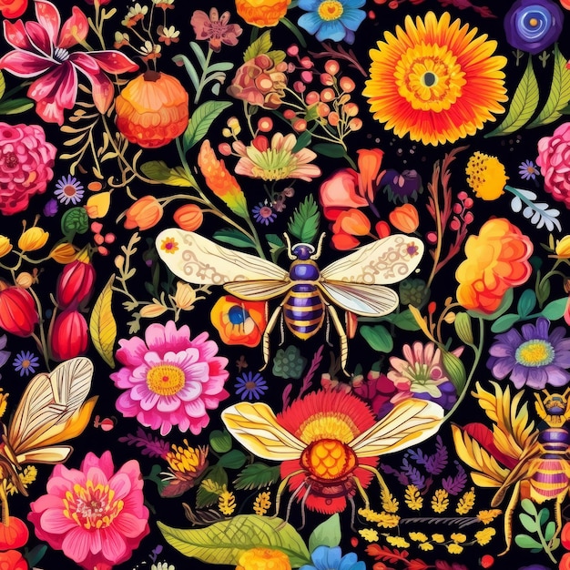 Un motivo floreale colorato con un'ape su di esso.