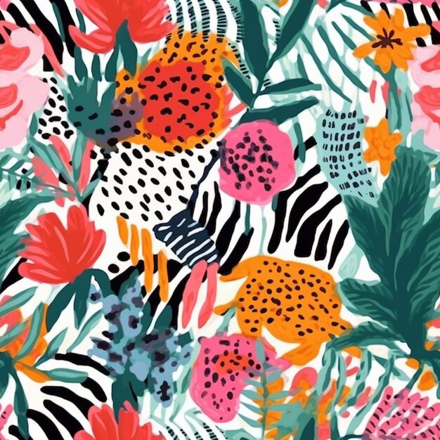 Un motivo floreale colorato con zebre e fiori generativi ai