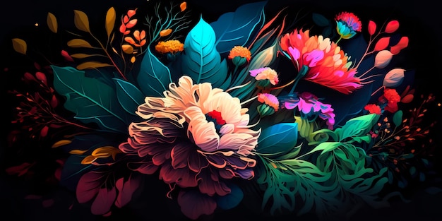 Un motivo floreale colorato su uno sfondo scuro IA generativa