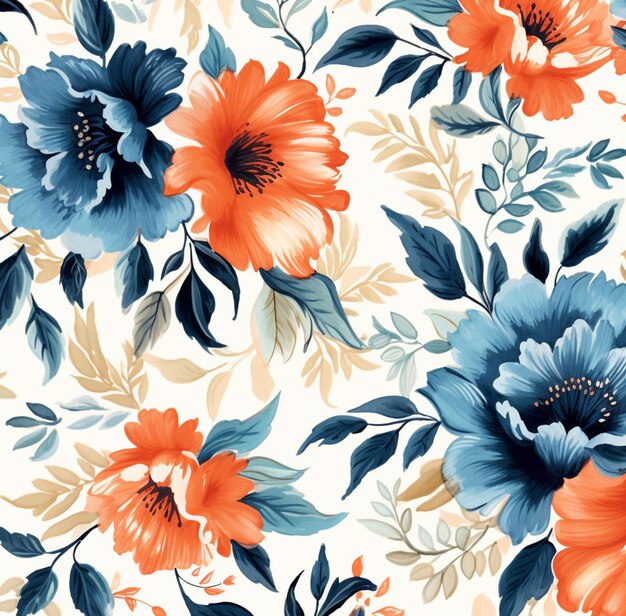 Un motivo floreale con fiori blu e arancioni.
