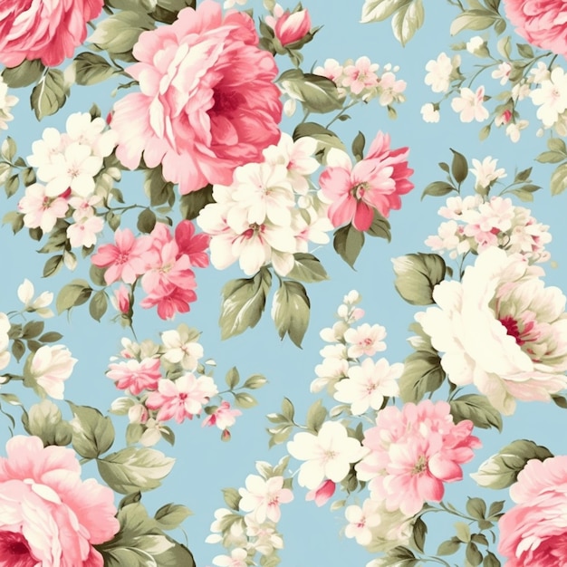 Un motivo floreale con fiori rosa e bianchi su sfondo blu
