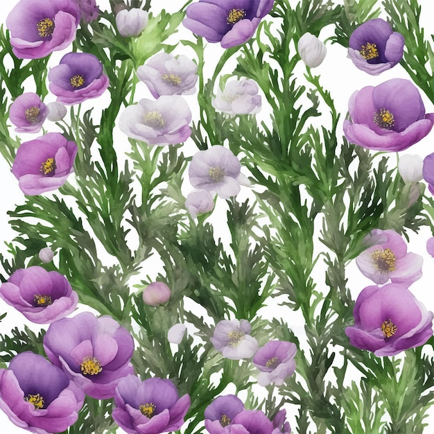 Un motivo floreale con fiori viola e foglie verdi