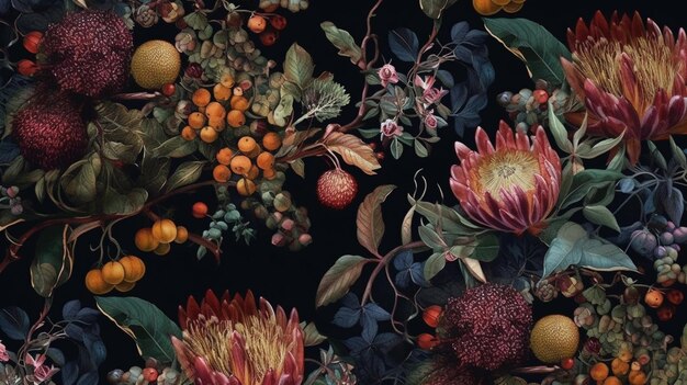 Un motivo floreale con frutta e fiori è visualizzato su uno sfondo nero.