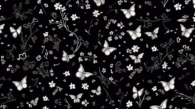 Un motivo floreale in bianco e nero con farfalle.