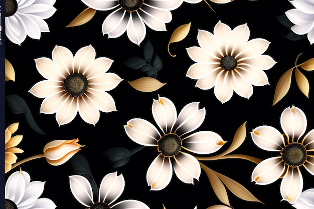 Un motivo floreale in bianco e nero con fiori bianchi.