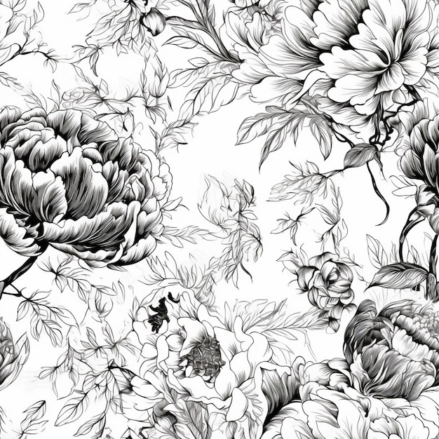 un motivo floreale in bianco e nero con fiori e foglie ai generativi