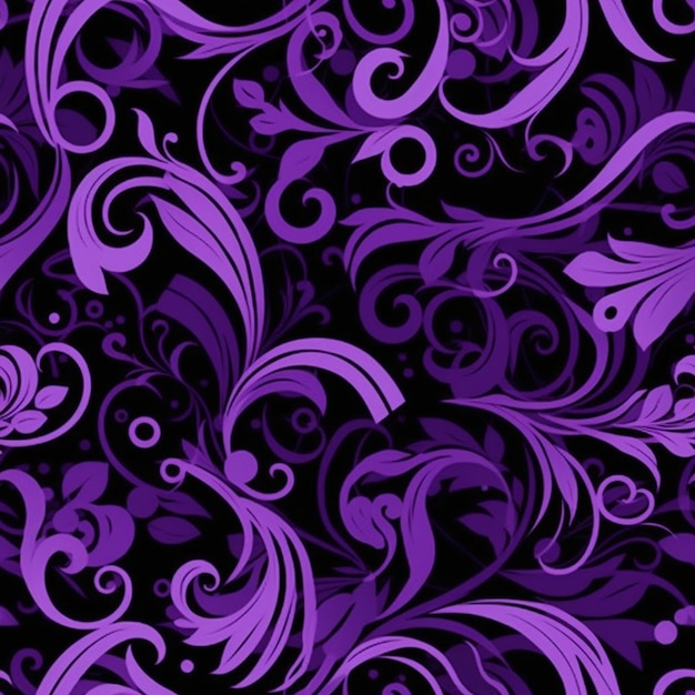 un motivo floreale viola e nero con turbinii su sfondo nero ai generativa