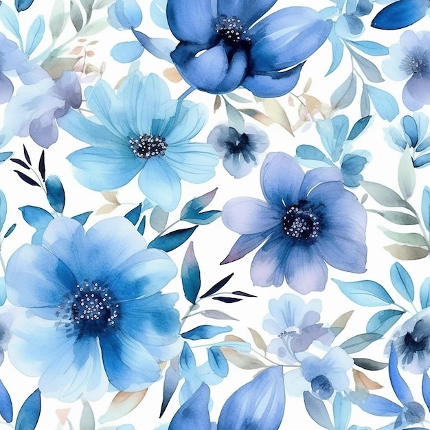 Un motivo senza cuciture con fiori blu su sfondo bianco.