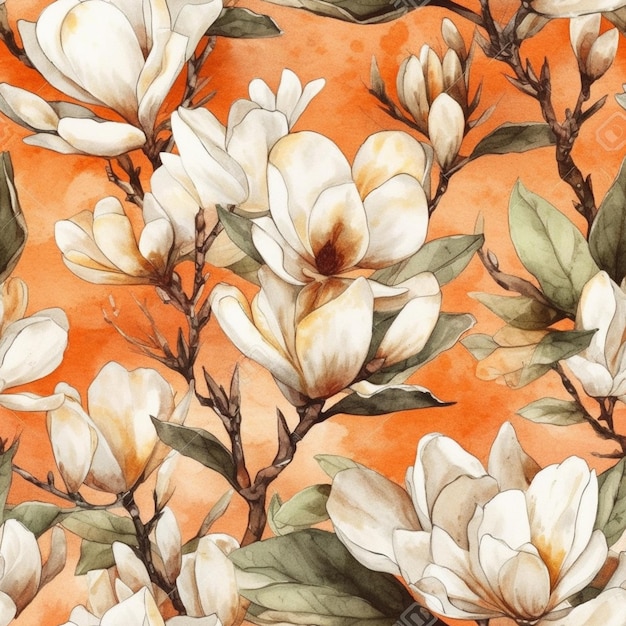 Un motivo senza cuciture con fiori di magnolia bianchi su sfondo arancione.