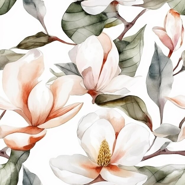 Un motivo senza cuciture con fiori di magnolia bianchi su sfondo bianco