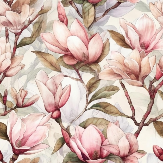 Un motivo senza cuciture con fiori di magnolia su sfondo bianco.