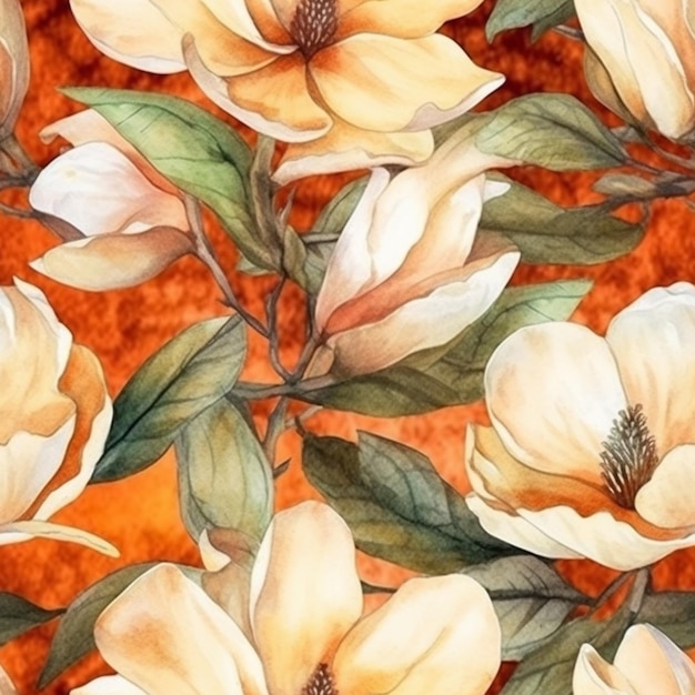 Un motivo senza cuciture con fiori di magnolia su uno sfondo arancione. illustrazione dell'acquerello.