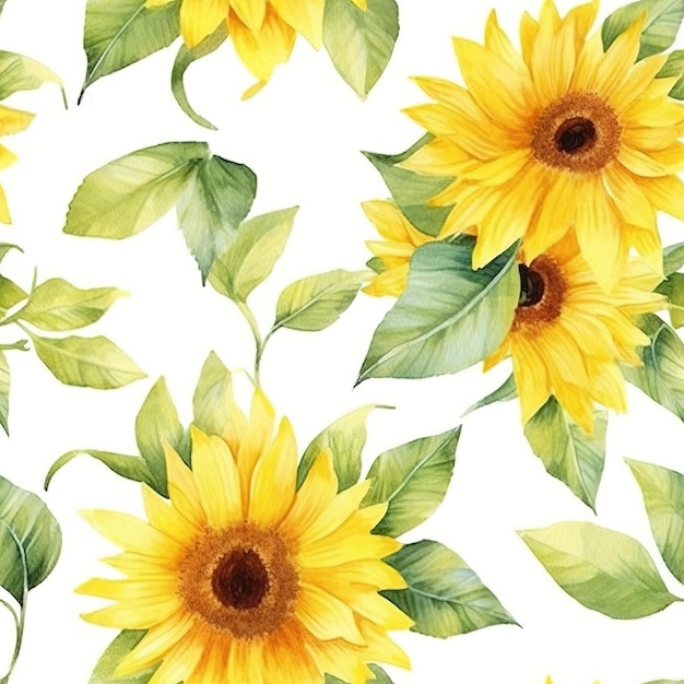 Un motivo senza cuciture con girasoli gialli su sfondo bianco.