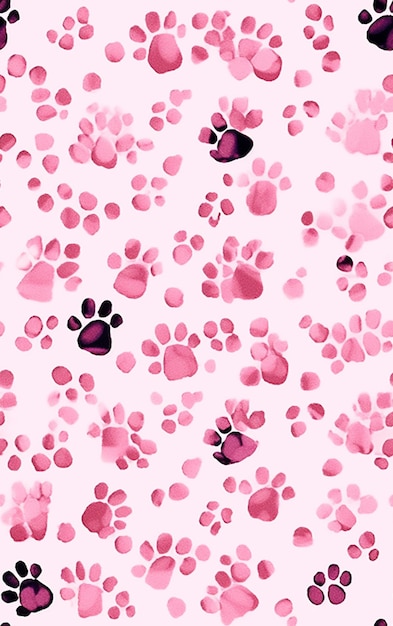 Un motivo senza cuciture con impronte rosa e un cane nero su sfondo rosa.