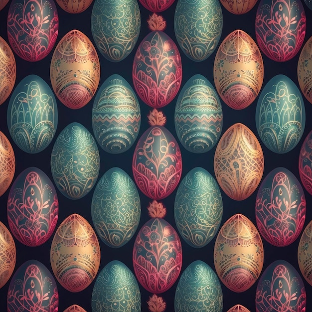 Un motivo senza cuciture di colorate uova di Pasqua su uno sfondo scuro.