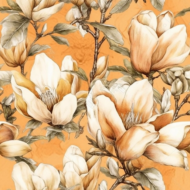 Un motivo senza cuciture di fiori di magnolia su uno sfondo arancione.