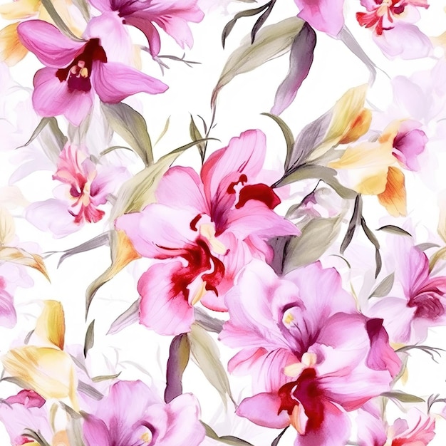 Un motivo senza cuciture di fiori rosa e viola con la parola orchidea su sfondo bianco.