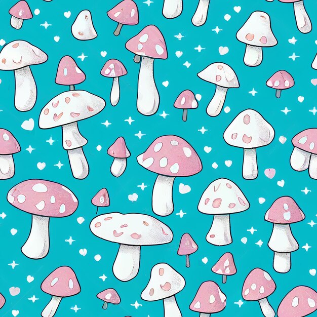 Un motivo senza cuciture di funghi con cuori e cuori su sfondo blu.