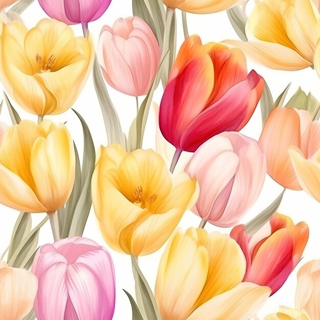 Un motivo senza giunture di tulipani colorati su sfondo bianco.