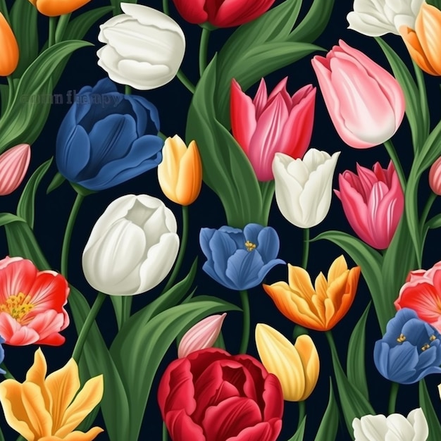 Un motivo senza giunture di tulipani con il titolo tulipani su uno sfondo scuro.