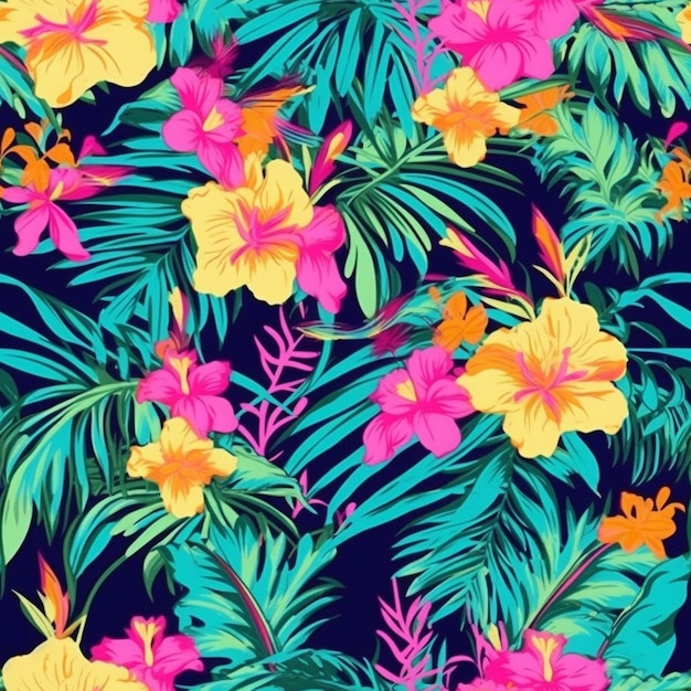 Un motivo tropicale colorato con fiori e foglie ai generati